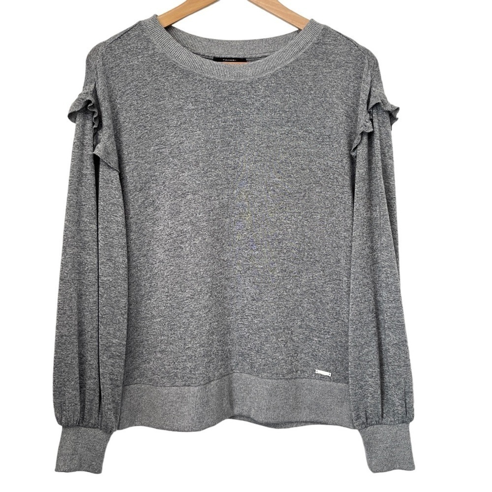 Tahari Grey Long-sleeved Top with Ruffles